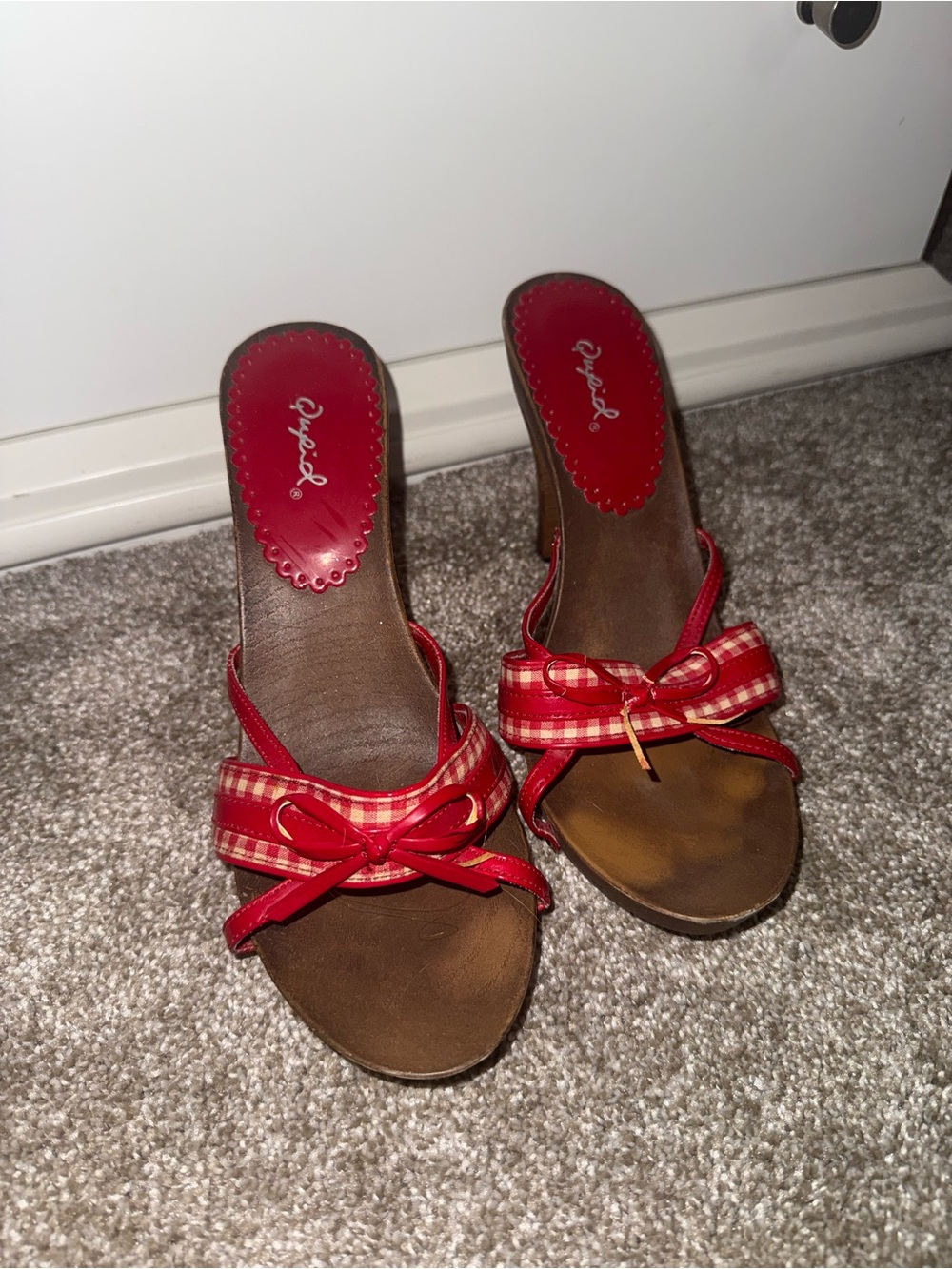 Qupid Red Plaid Bow Slide Heels